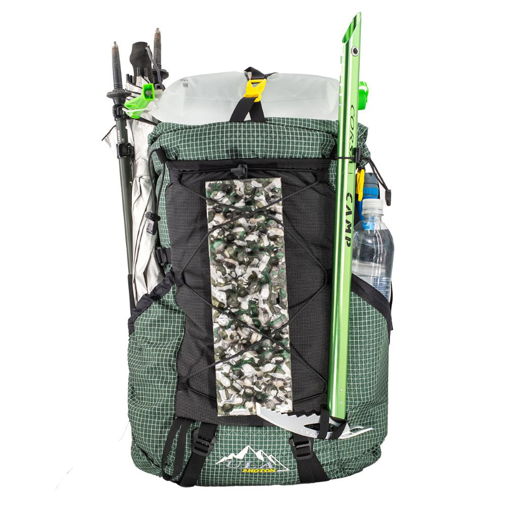 ULA 2024 Photon: With Top Y-Strap and Bottom Straps Attached. Pack is fully loaded with gear in the side pockets, under the top Y-strap, and in the front cinch cord.