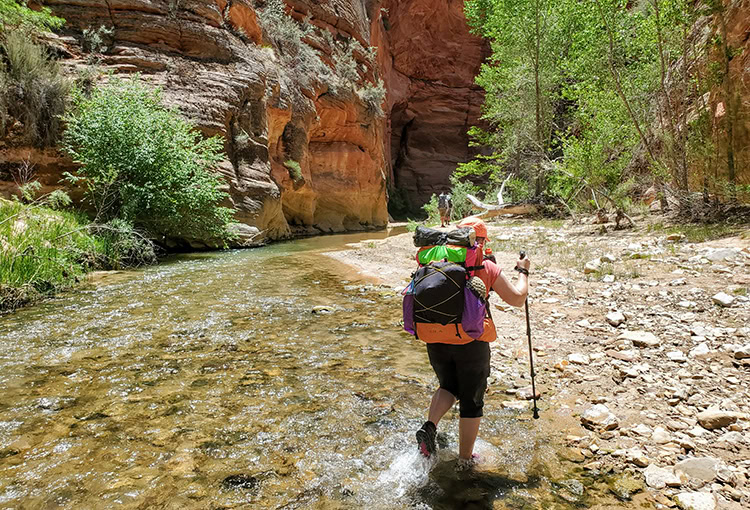 20220521_134710 Backpacker reaches for his bear spray from the ULA Deploy Bear Canister Holder on his shoulder strap.