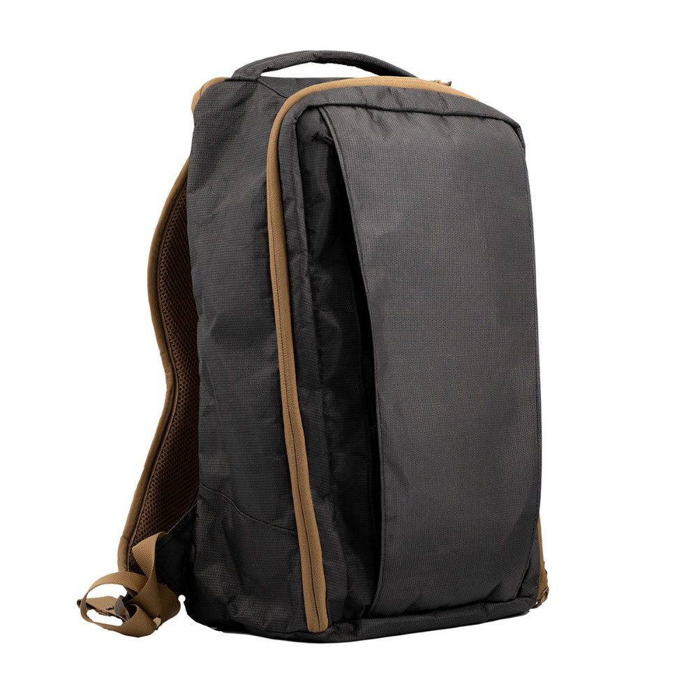 A BLACK BACKPACK with coyote brown accents