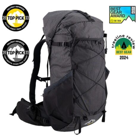 Black 2025 ULA Circuit 3/4 side view with the four recent awad badges on the sides: Halfway Anywhere 2023 Top Pick PCT Survey, Halfway Anywhere 2023 Top Pick CDT Survey, The Trek Best Gear Award 2024, Treeline Review Best gear Award 2024