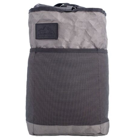 The ULA Ultra Packrat front view showing wrap around stretch mesh pocket and ULA leather logo patch